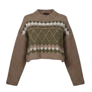 New Papermoon Sweater Women’s Size S Brown Green Crop Boxy Fair Isle Chunky Knit